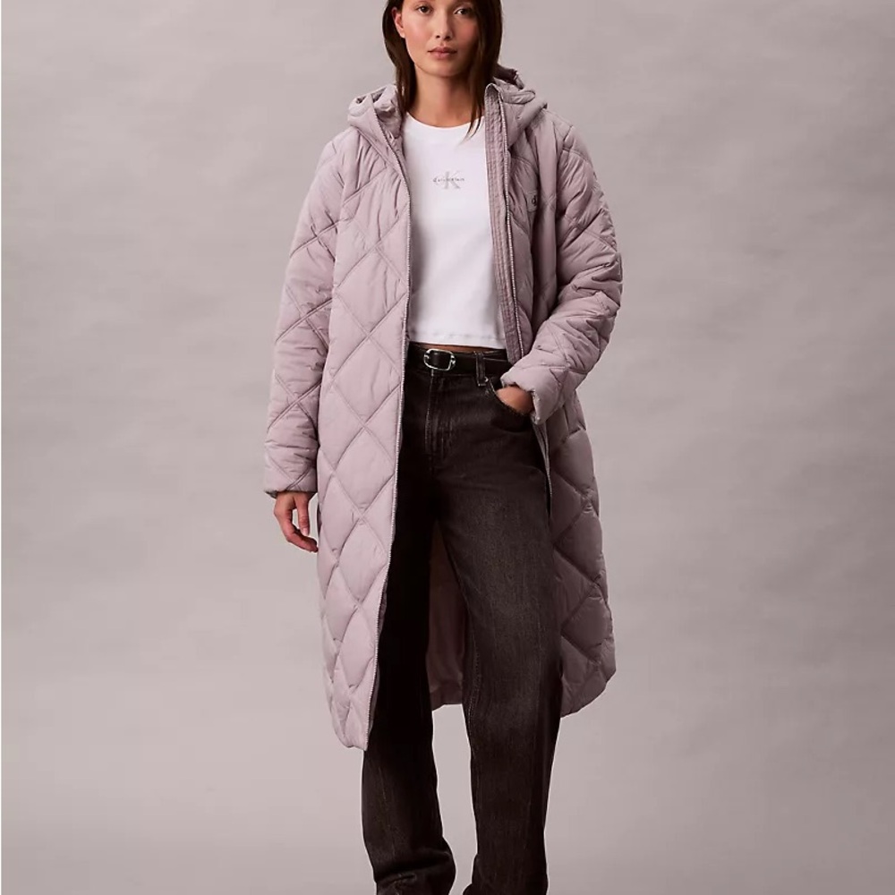 Calvin Klein Jeans Light Grey Long Hooded Puffer Jacket